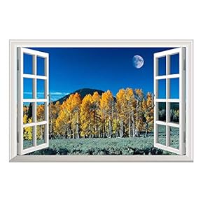Yellow Pine Tree Under Moonlight at Night Open Window Mural Wall Sticker - 36"x48"