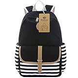 BLUBOON Canvas Bookbags School Backpack Classic Schoolbag for Teens Girls High School (Black-Stripe)