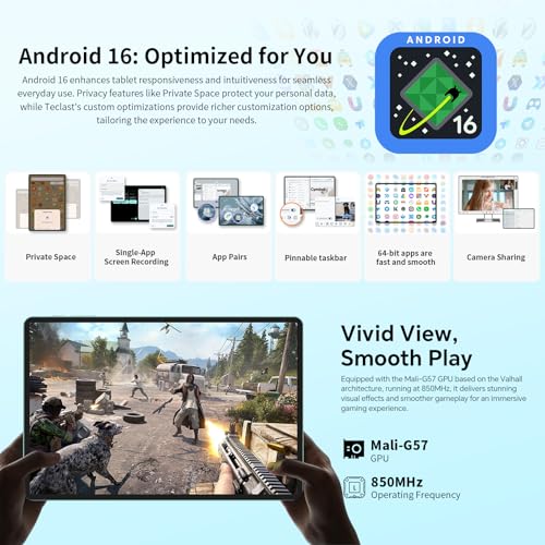 TECLAST P50 Tablet 11 Inch Android 16 Tablet 90Hz, Dual SIM 4G LTE + 5G WiFi, 2GHz Octa-Core T7250, 128GB ROM(TF 5TB), Gemini AI, 7000mAh, Widevine L1/GPS/8MP/3.5MM, Tablet with Pencil+Case, 2026
