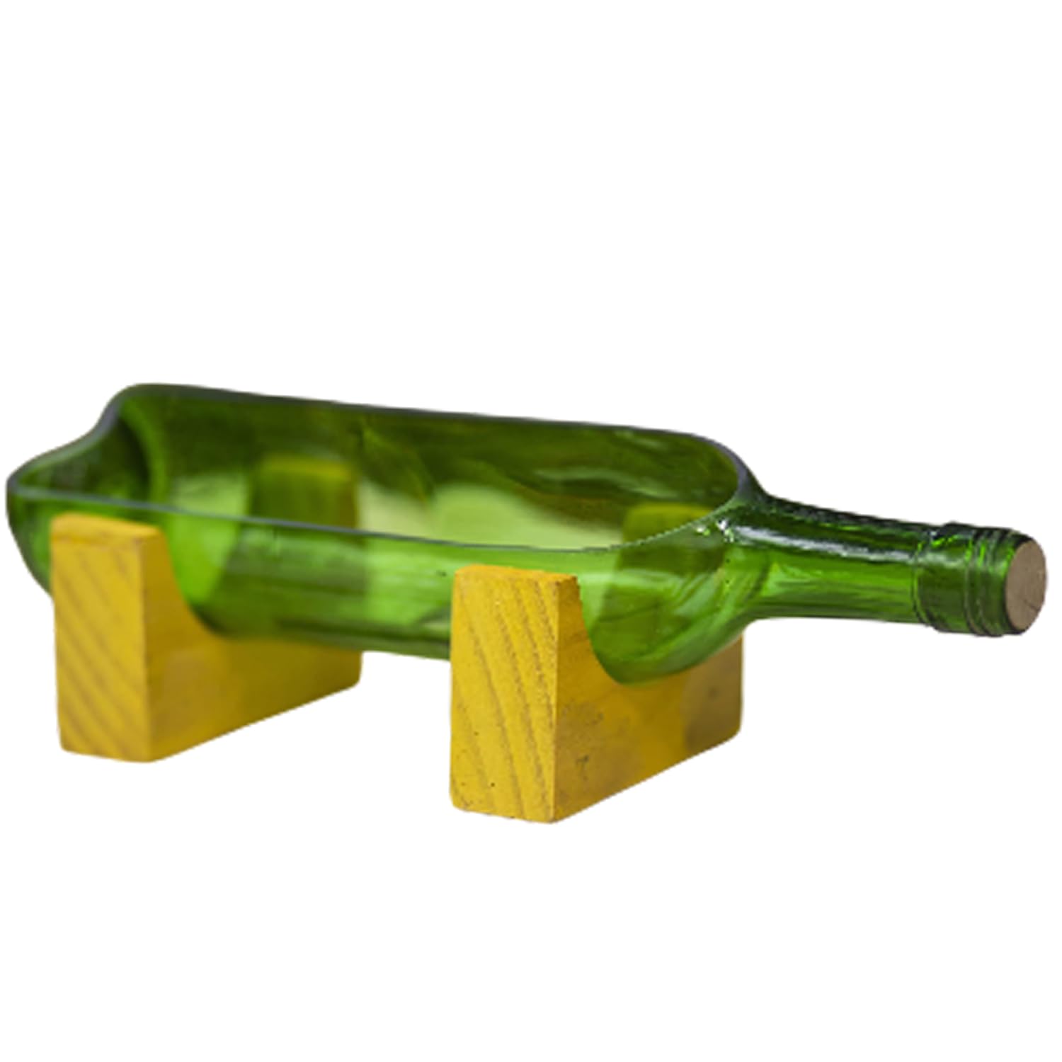 GoGiftid Upcycled Planter with Wooden Stand Created Using Wine Bottle | Eco-Friendly Indoor Outdoor Plant Pot with Drainage Hole | Recycled Green Glass Bottle with Cork & Rope Wrap