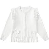 Girls Cardigan Sweater School Uniforms Button Crewneck Cute Ruffle Long Sleeve with Pockets Bowknot Knit Tops