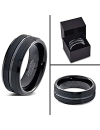 Anillo de la venda de boda de tungsteno de 0,31 pulg. para hombres Confort de las mujeres Negro borde biselado Pulido Cepillado