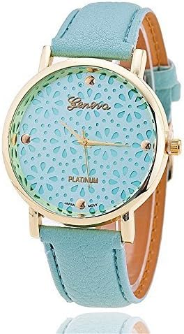 Women's Geneva Faux Leather Band Elegant Flower Casual Analog Quartz Wrist Watch-Mint
