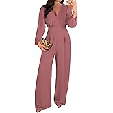 Pink Queen 2026 Jumpsuits for Women Dressy Long Sleeve V Neck Wide-Leg Romper Business Casual Outfits