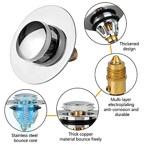 HSicily Pop Up Sink Plug Kitchen Sink Plug Strainer, Universal Stainless Steel Bullet Core Push Type Drain Filter, No Overflow Sink Stopper for Kitchen,Bathroom,Inner Diameter 34mm - 38mm