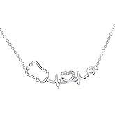 LWXIE Diamond Stethoscope Necklace for Women 925 Sterling Silver Stethoscope Heartbeat Necklace Medical Jewelry Graduation Gifts for Nurse Doctor Medical Student