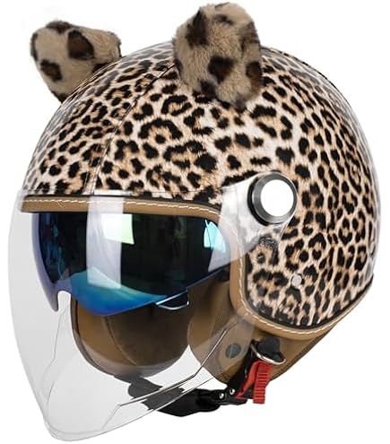 Leopard Print Cat Ear Motorcycle Helmet, DOT Approved Electric Retro Open Face Leather Helmet, Vintage Scooter Half Face Helmet for Adults Men and Women Cruiser Moped ATV Helmets-A|Small : Automotive