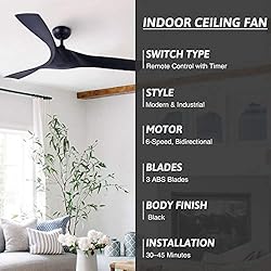 VONLUCE 52’’ Black Ceiling Fan No Light with