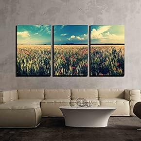 3 Piece Canvas Wall Art - Vintage Landscape with Wheat Field and Poppy Flowers - Modern Home Art Stretched and Framed Ready to Hang - 16"x24"x3 Panels
