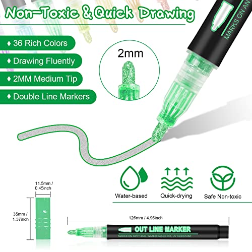 36 Pack Double Line Outline Markers, Squiggles Shimmer Markers Set, Self Outline Metallic Glitter Marker Pens for Christmas,Art, Drawing, Writing, Greeting Cards, DIY, Scrapbook, Easter Eggs,Crafts