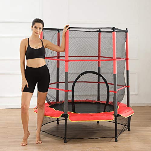 Aeanm Trampoline with Safety Enclosure Net, 5 FT Round Bounce Jumper with Enclosure Net Jumping Mat and Spring Cover Padding, Kids Basketball Hoop Trampoline for Indoor Outdoor (Red) - Thumbnail 4
