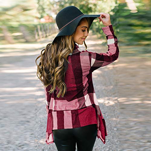 TIFENNY Women's Roll-Neck Plaid Stripe Pullover Spring Long Sleeve Irregular Hem Tops Blouse Shirt Sweatshirt Red - Thumbnail 5