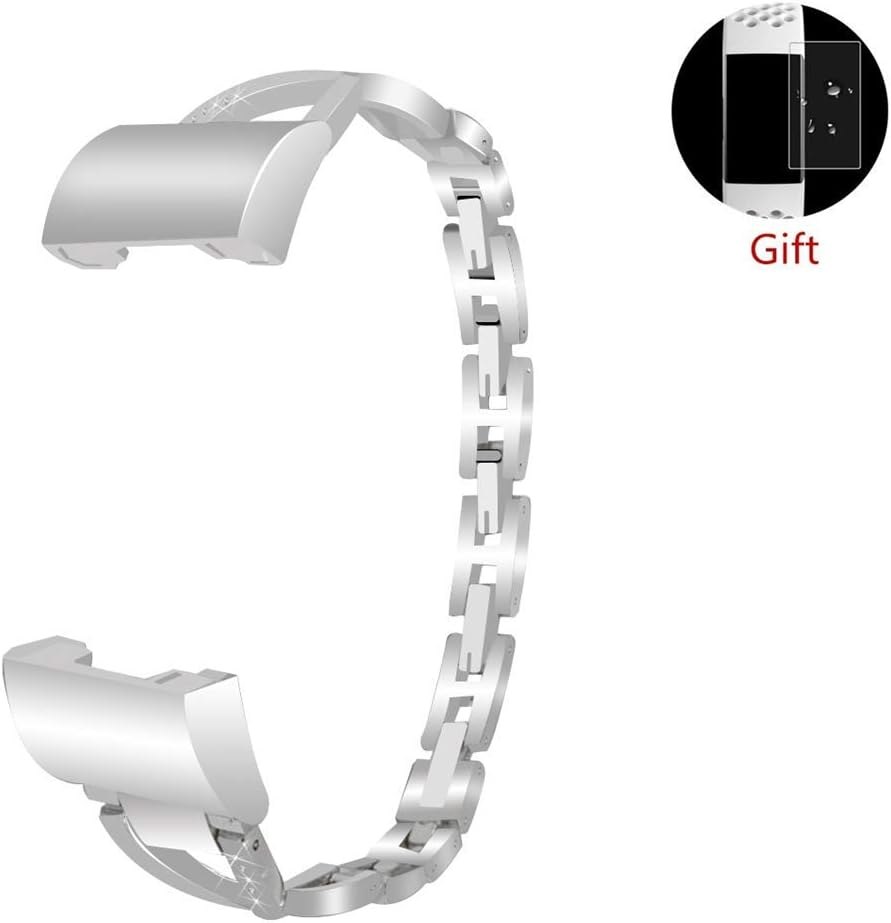 LLGLTEC Smart Watch Band Compatible with Fitbit Charge 3 Metal Alloy X-Shape Watch Strap with Crystal Rhinestone Women Bracelet Accessories Straps Wristband for Fitbit Charge 3 (Silver)