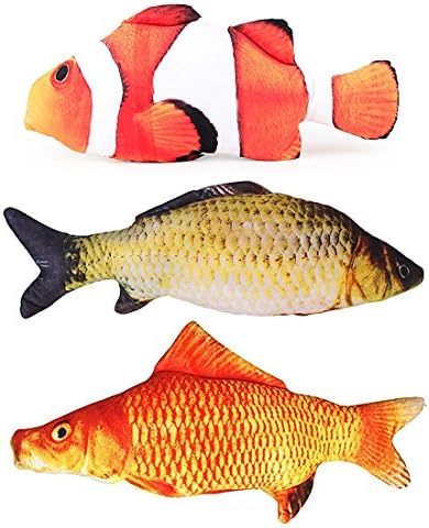 Hukidoy Toy Catnip Simulation Plush Fish Shape Doll Interactive Pets Pillow Chew Bite Kick Supplies for Cat Kitten Kitty (Pack of 3)