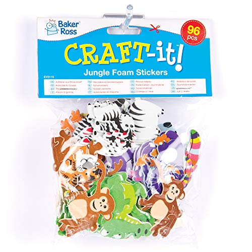 Baker Ross EV3115 Jungle Animal Foam Stickers Pack of 96, Foam Stickers for Kids, Kids Craft
