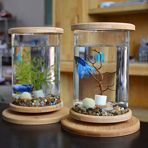 Norgail Creative Rotary Aquarium Betta Mini Fish Tank with LED Lighting Desktop Bowl Round Aquarium Decoration for Home Living Room Bedroom Office Spinning Bamboo Rack - Thumbnail 5
