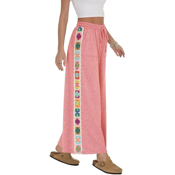 Fenclushy Womens Wide Leg Pants Stretch Casual Drawstring Waist