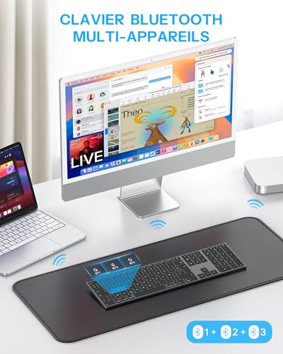 OMOTON Clavier Bluetooth pour Mac, Clavier sans Fil Métal Rechargeable Multi-dispositifs avec 3 Canaux Bluetooth pour Apple Mac Pro/Mini, MacBook Pro/Air, iMac, AZERTY Français