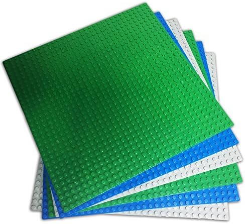 Lego-Compatible 10" x 10" Base Plates (9 Pcs - Green, Blue, Gray Assorted - 32 x 32 dots) for Play Groups Kindergartens Elementary Schools