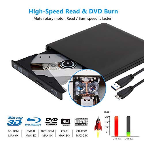 External 4K 3D Blu Ray DVD Drive Burner, Portable Ultra Slim USB 3.0 Blu Ray BD CD DVD Burner Player Writer Reader Disk for Mac OS, Windows 7/8.1/10 /Linxus, Laptop, PC
