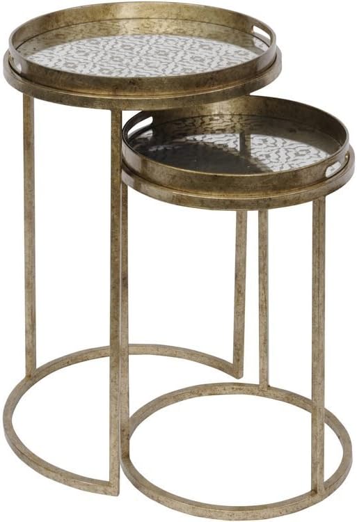 Artisanti Marco Aged Gold Round Nesting Tray Tables with Diamond Print Mirror Tops
