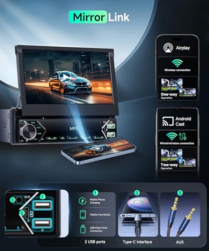 VECHTEL Carplay Android Auto Wireless Car Radio with 7 Inch Electrically Retractable Display, 1 DIN FM Radio with Bluetooth, Mirror Link,2 USB/Type-C/SD with Rear View Camera/Steering Wheel Control