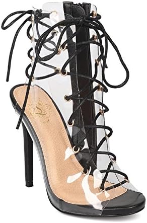 Women Lucite Lace Up Stiletto Bootie - Dressy, Costume, Girls Night - Transparent Ankle Boot - GD38 By Miss L - Black (Size: 7.0)