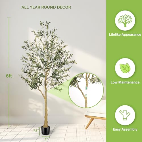 FEELEAD 6ft Faux Olive Tree – Tall Artificial Olive Tree 180cm with Natural Trunk, Fake Olive Tree Indoor Decor, Olive Plant Artificial Indoor for Home and Office