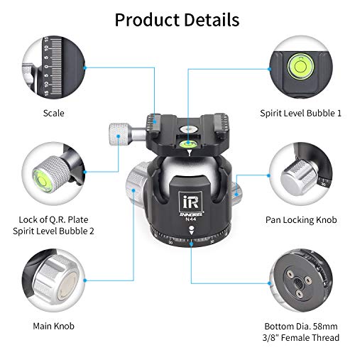 Low Profile Ball Head Metal Tripod Ball Head 44MM Ball Diameter INNOREL N44 Panoramic CNC Ball Heads Camera Mount with Two 1/4" Quick Release Plates for Tripod, DSLR, Camcorder, Max Load 55lbs/25kg