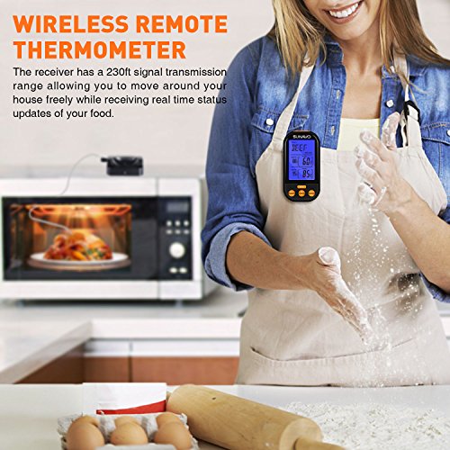 Sunavo Wireless Remote Cooking Meat Thermometer Digital with Large LCD and Timer Alarm for Grilling Oven Kitchen Smoker BBQ Grill with Dual Stainless Steel Temperature Probe