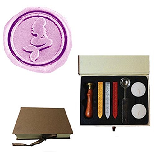 MNYR Vintage Pretty Mermaid Sealing Wax Seal Stamp Kit Melting Spoon Wax Stick Candle Wooden Book Gift Box Set Wedding Invitation Embellishment Holiday Card Gift Wrap Package Gift Idea Seal Stamp Set