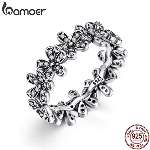 BATOP 925 Sterling Silver Flowers Finger Rings Dazzling Daisy Meadow Stackable Ring, Clear cz for Women Wedding Jewelry pa7122