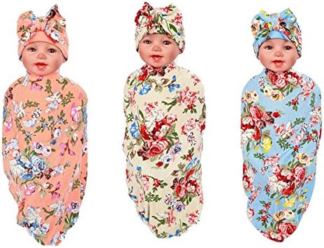 YallFF Newborn Swaddle Blanket Baby Girl Receiving Blanket Blanket &amp;Hat Set (3 PACK) (Color1)