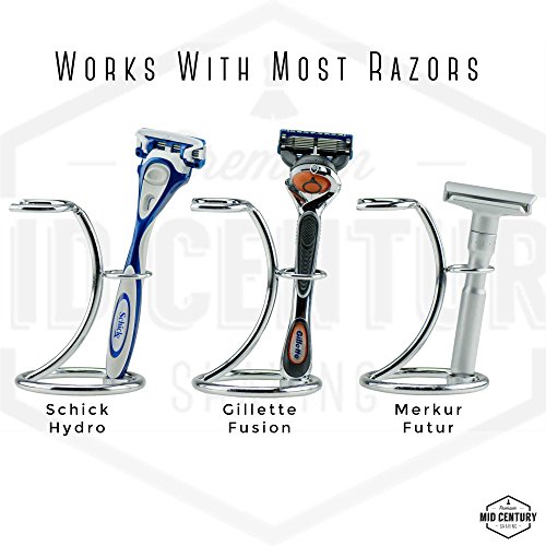 Mid Century Shaving Razor and Brush Stand (Silver) - Heavy Chrome Shaving Stand, Safety Razor Stand, Shaving Brush Stand - Holder for a Shave Brush & Double Edge Safety Razor or Cartridge Razor - Thumbnail 4