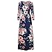 OQC Women's Vintage Floral Print 3/4 Sleeve Beach Party Boho Maxi Dress Navy