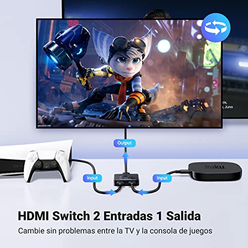 Switch HDMI 2.0 4K 60Hz 2 Entradas 1 Salida Comutador Bidireccional 1 In 2 out 2K 1080P 120Hz HDR CEC Dolby Atmos Compatible con PC PS5 PS4 Xbox TV Stick Chromecast TV Box (Negro)