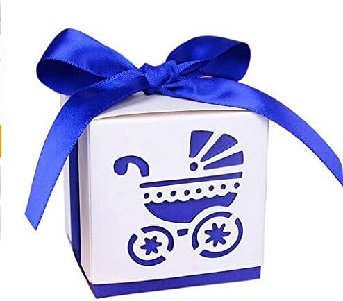 Since 50pcs Baby Carriage Printing DIY Paper Wedding Gift Christening Baby Shower Party Favor Boxes Candy Box with Ribbons (Dark Blue)