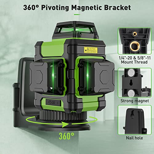 Huepar Green Laser Level 3×360° Self-Leveling with Rechargeable Li-ion Battery, 30-60m Cross Line Laser with Pulse Mode, Magnetic Base - Precision Pro for Construction & DIY