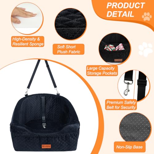 Vivifying Dog Car Seat, Memory Foam Dog Booster Seat for Small Up to 10KG, Detachable and Washable, Height Elevated with Storage Pockets (Black)