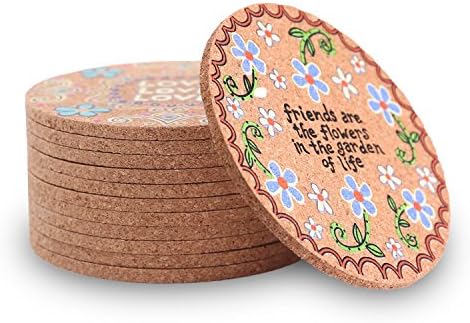 Natural Cork Coasters for Drinks - Set of 12 and 4 Pattern Colorful Cork Coaster for Drink - 4 Inches Tabletop Protaction Drink Coasters