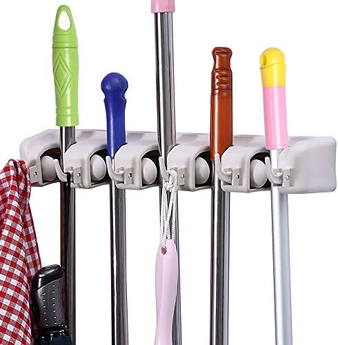 Mop Holder, Broom Holder, Multipurpose Wall Mounted Organizer Storage Hooks, Plastic Broom Hanger, Garage Storage Organizer for Kitchen Garden and Garage, 5 Position with 6 Hooks