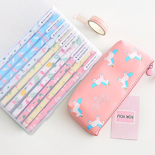 Yansion Unicorn Flamingo Gel Pens Set Cute PU Zipper Unicorn Pencil Case Pouch Bag School Gift for Girls