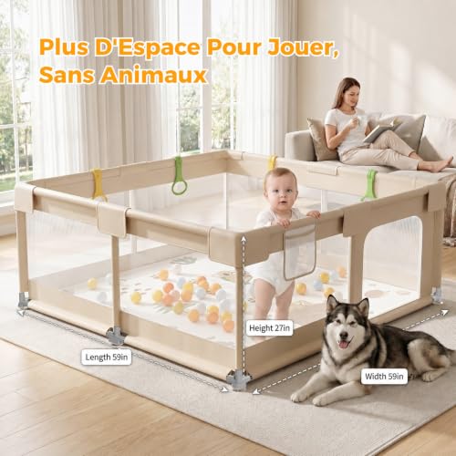 KUQAZ Beige Parc Bebe avec Tapis - 150x150cm Parc Enfant Sécurisé, Aire de Jeu Carrée en Tissu Oxford, Filet Respirant 360°, Structure Stable avec Puissantes Ventouses et 4 Anneaux