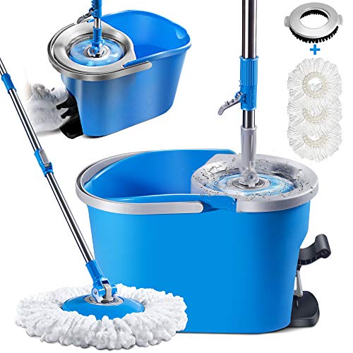 Mop and Bucket Set with Foot Pedal Masthome Microfiber Spin Mop for Floor Cleaning,33 Microfiber Mop Refills & 1 Floor Brush Head