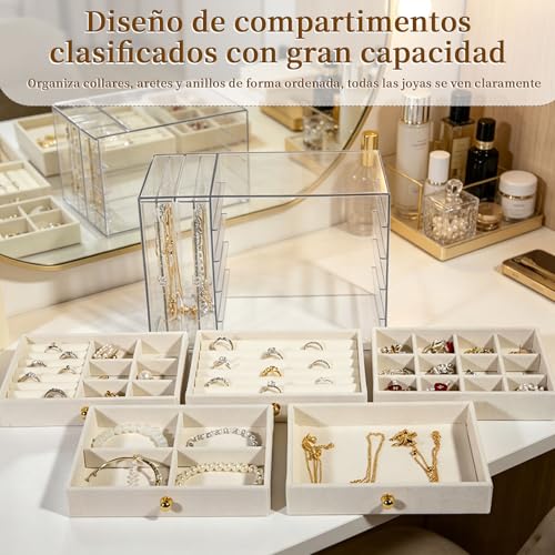 Organizador Acrílico para joyas, Joyero Transparente con 5 Cajones, Soporte para Collar de Acrílico, Terciopelo Beige, Joyero Multifuncional, para Relojes, Collares, Pendientes, Anillos