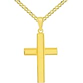 Jewelry America 14k Yellow Gold High Polished Plain Religious Cross Pendant with Cuban Curb Chain Necklace