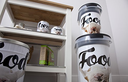 Paw Prints 26 Pound Plastic Rolling Pet Food Bin, Carlos the Bulldog Design, Includes Measured Scoop, 15.5 x 16.75 x 13.25 Inches (37579)