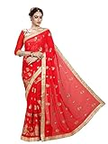 Shonaya Women's Embroidered Georgette Red Designer Saree With Unstitched Blouse Piece