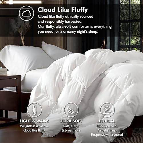 Luxurious King/Oversized King 108" x 98" Size Goose Down Fiber Waterfowl Feather Fiber Comforter Duvet, 100% Egyptian Cotton Cover, 65 oz. Fill Weight, Baffle Box Design, White Solid