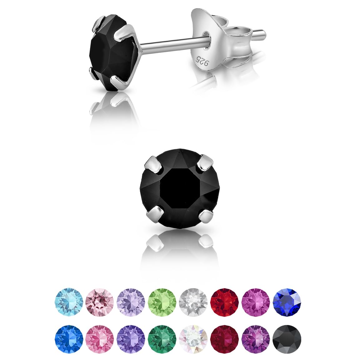925 Sterling Silver Round SMALL Stud Earrings made with Glittering Crystals - Silver Studs Earrings for Woman - Diameter: 5 mm - Colour : Black